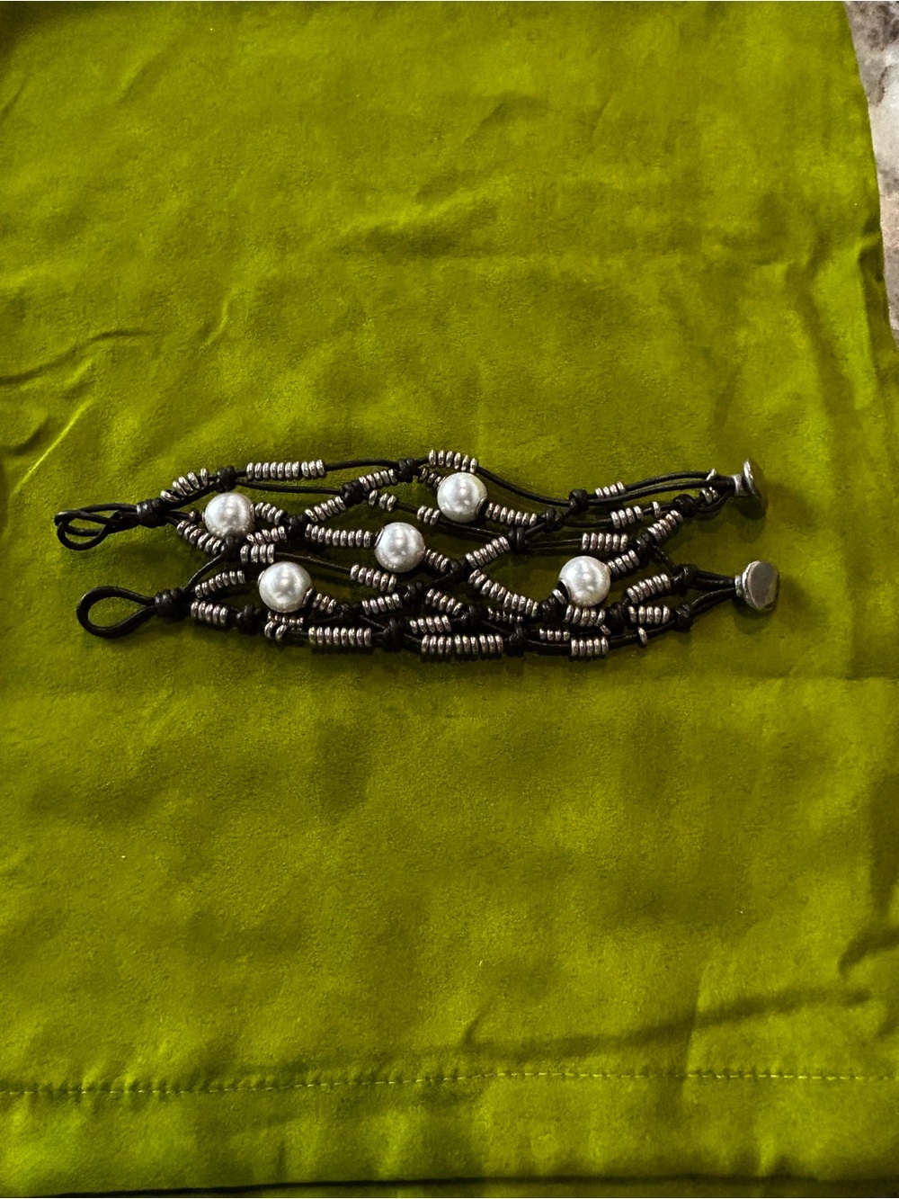 UNO de 50 Black Woven Bracelet with Silver Beads and Pearl Accents